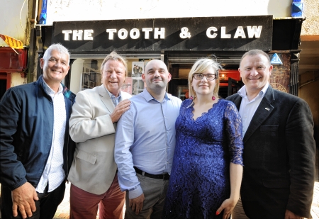 Tooth & Claw Bar Picture: Gair Fraser. Image No. 034843 Tooth & Claw Bar owners James Carr and Paulina Matuszak (centre) with (left to right), producer Steve Levine, PRS chairman Guy Fletcher and MP Drew Hendry.